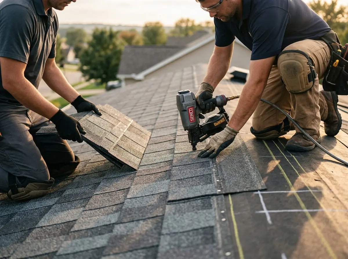 Professional roofer working on a residential roof in Coos Bay